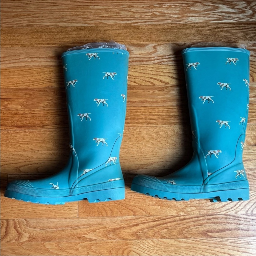 J Crew Hunting Pointer Dog Theme Rain Boots Size 10 Pull On Rubber Welleys - Picture 5 of 13